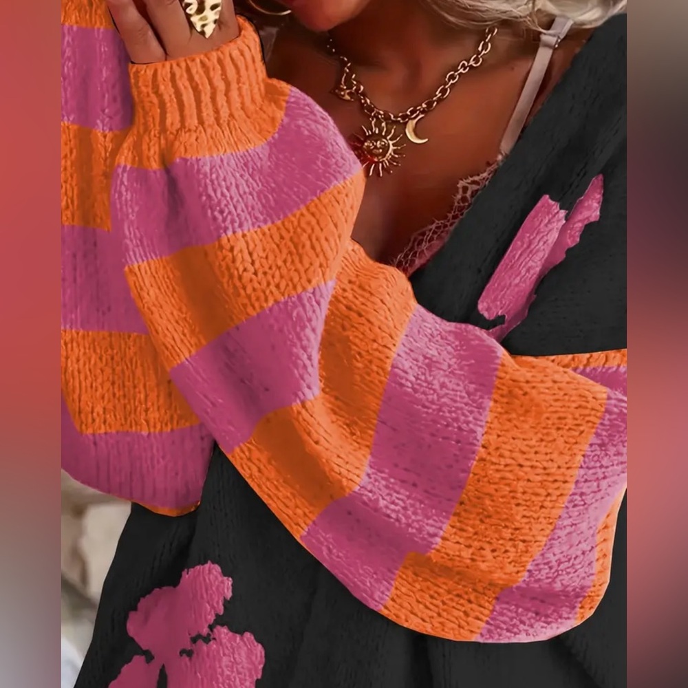 BLACK Pink and Orange Striped and Floral Knit Cardigan Sweater - Picture 4 of 8